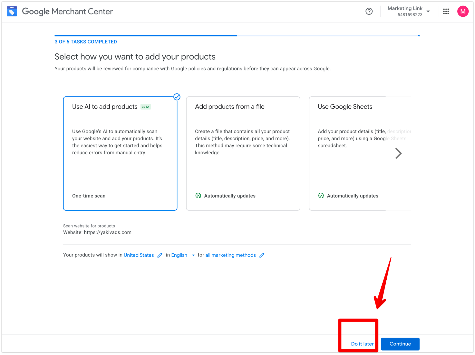Configurarea Google Merchant Center pasul 7