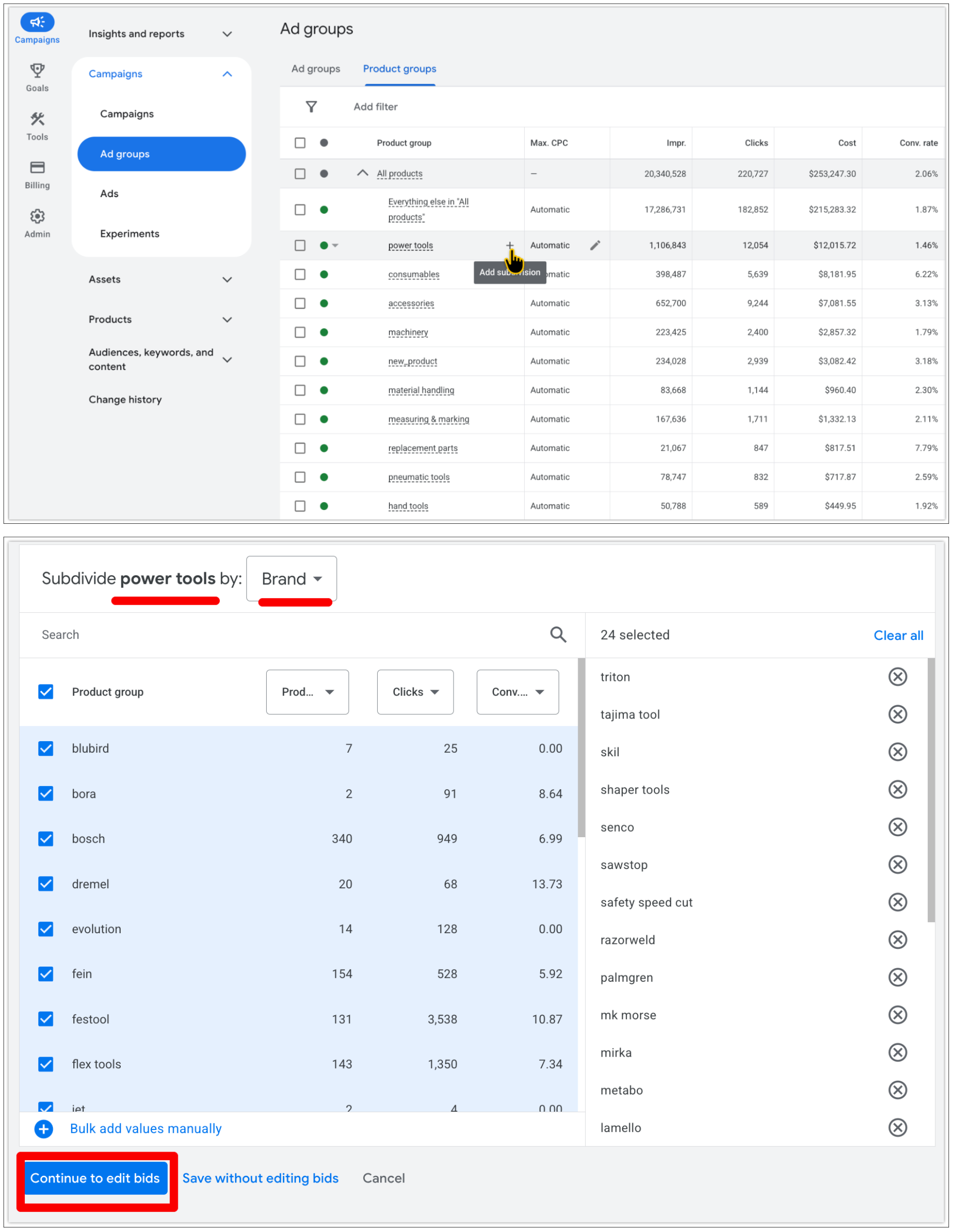 Группировка продуктов в кампании Google Standard Shopping