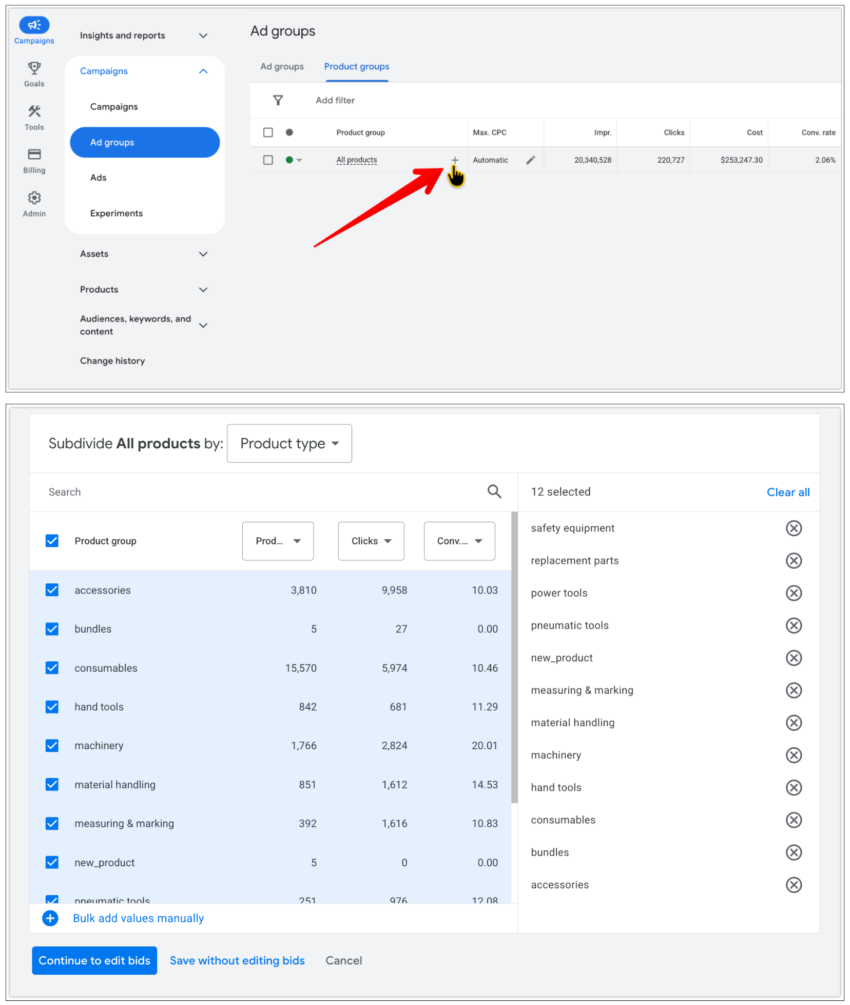 Группы продуктов в кампании Google Standard Shopping