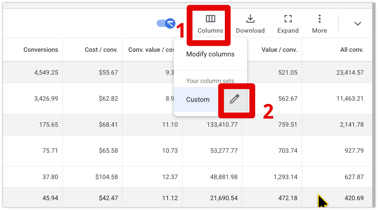 Настройка столбцов в кампании Google Standard Shopping