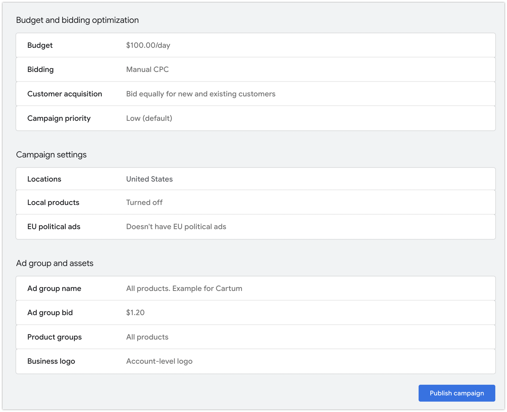 Настроенная кампания Google Standard Shopping